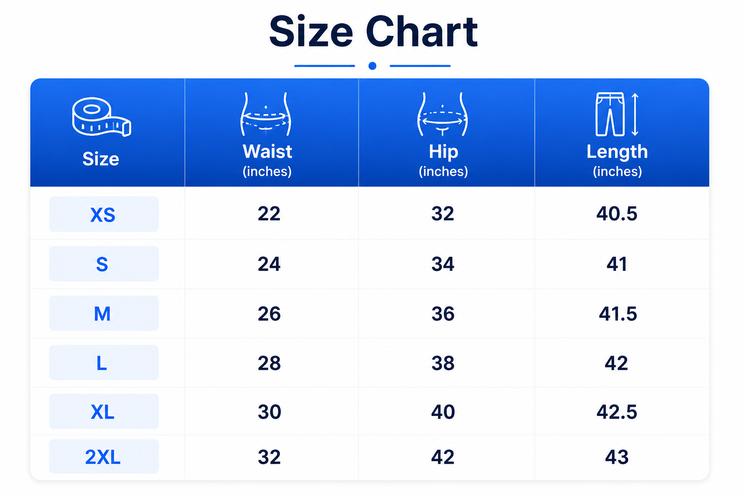 Size chart for Linen Pant